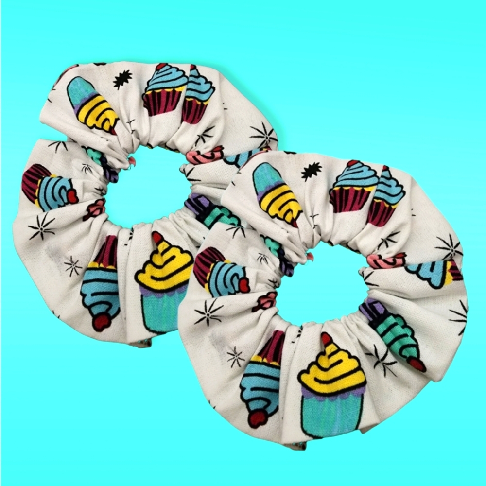 Just-Jen Custom-Made Cotton Fabric 2 Piece Colorful Cupcakes Scrunchie Set. NWT